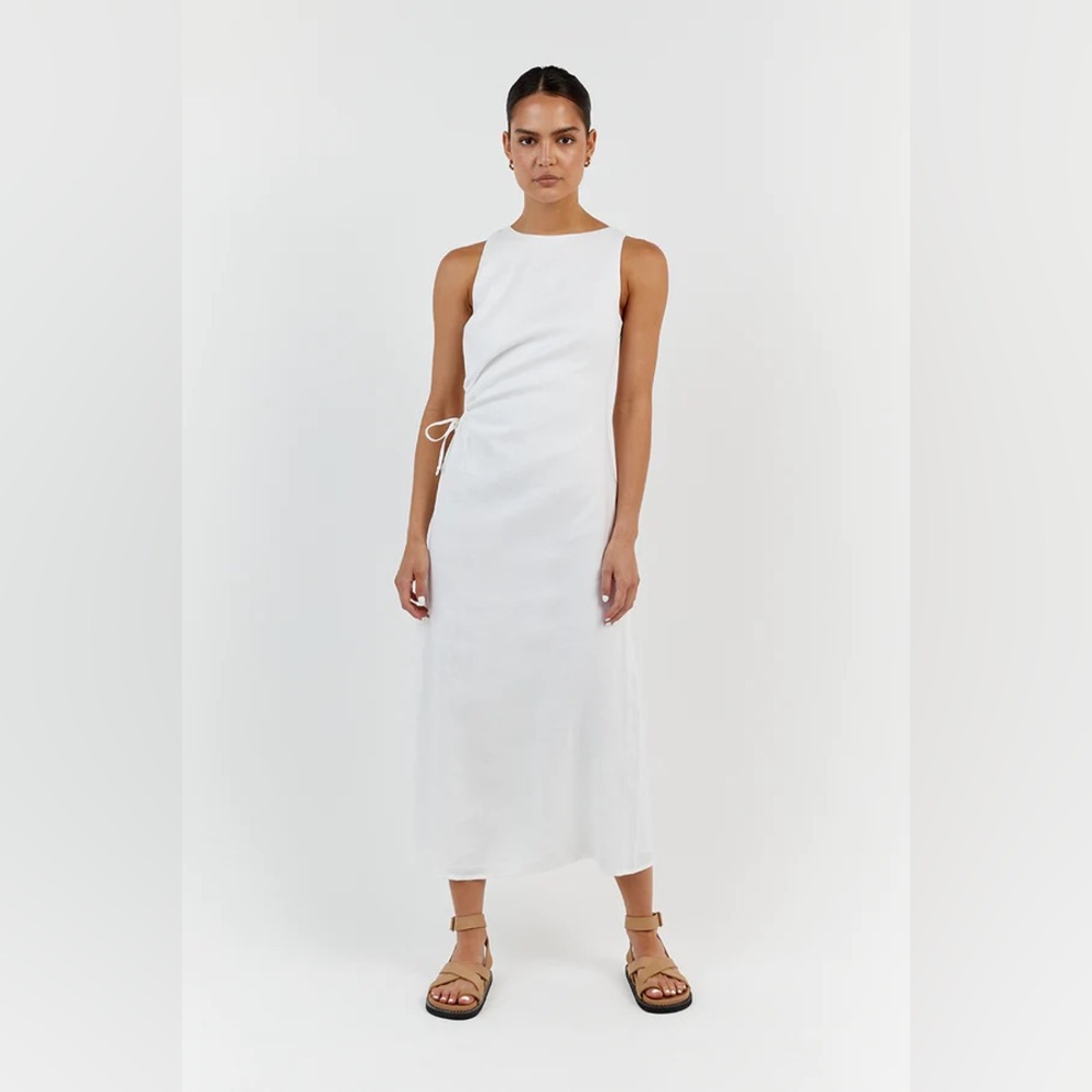 DISSH BEAU WHITE LINEN MIDI DRESS — SIZE US 12